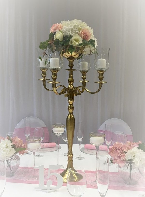 Kerzenständer gold mit Blumenschale (mieten) 80 cm